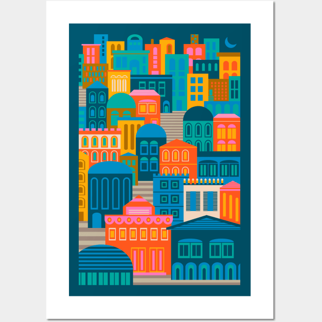 CITY LIGHTS AT NIGHT Vintage Exotic City Travel Poster - UnBlink Studio by Jackie Tahara Wall Art by UnBlink Studio by Jackie Tahara